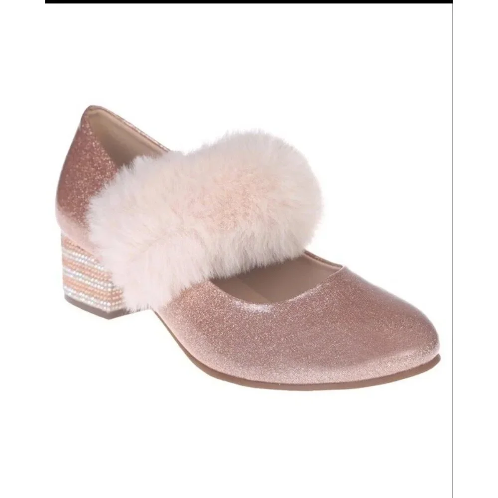 Vince Camuto Big Girls Closed Toe Faux Fur Fancy Dress Shoe Rose Gold Sparkly 5